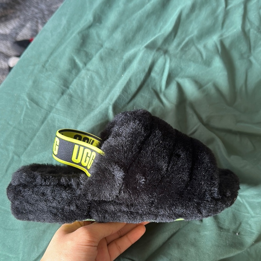UGG Black Fluffy Slippers with Neon Yellow Strap